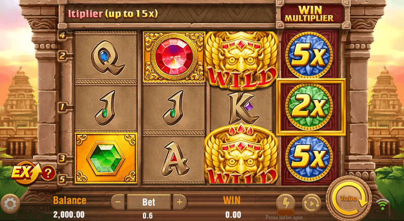 Fortune Gems interface showing spin button, bet controls, and game grid