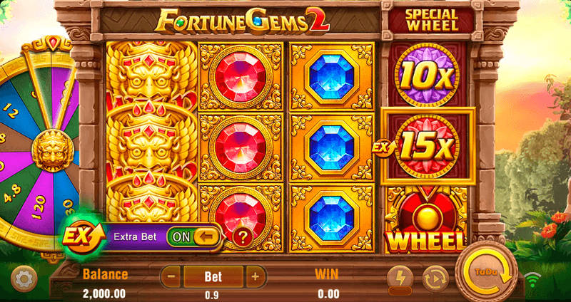 Fortune Gems multiplier wheel showing values up to 15x